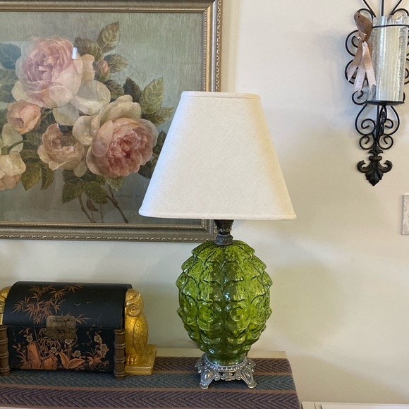 Vintage RICK BAR Mid Century Modern Green Glass/Ornate Metal Table Lamp